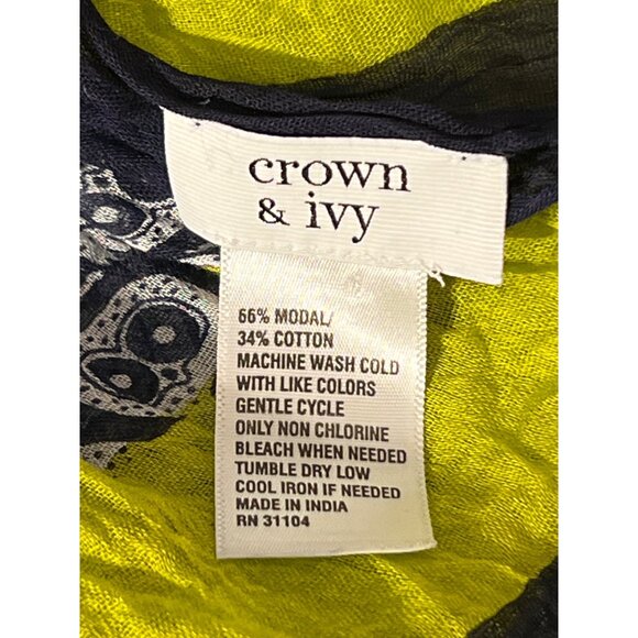Crown Ivy Owl Print Scarf Navy Blue Lime Green White Semi Sheer 72" x 29" - Picture 4 of 4